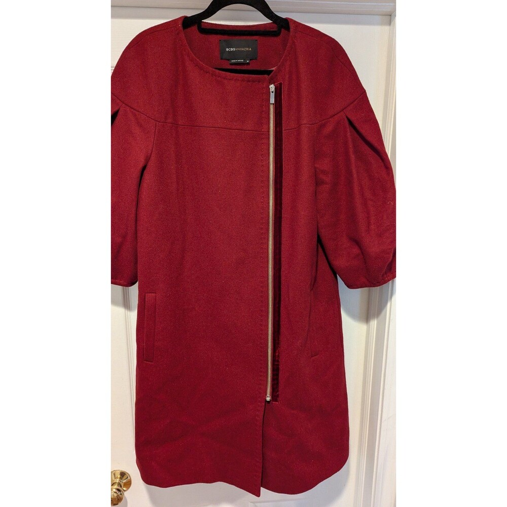 BCBGMaxazria Size Medium Maroon Wool Blend Puff Short Sleeve Jacket Driving Coat - Picture 3 of 8